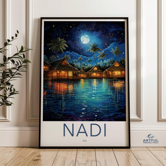 Fiji Wall Art Nadi Night Scene With Moon Tropical Paradise Coastal Decor Exotic Island Landscape Polynesian Print