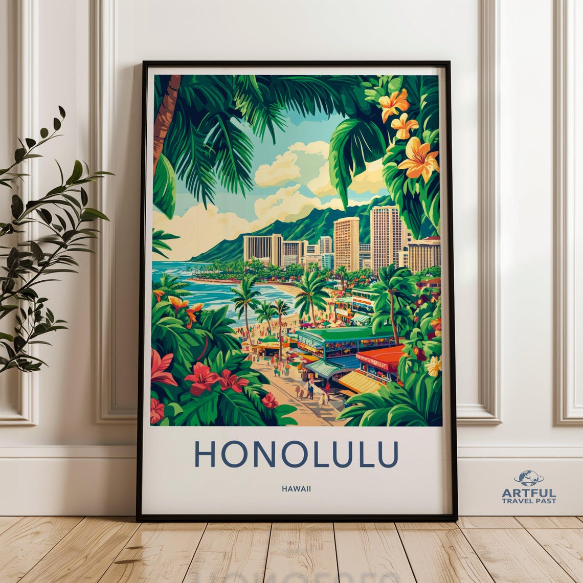 Honolulu Hawaii Waikiki Beach Diamond Head Vintage Travel Poster