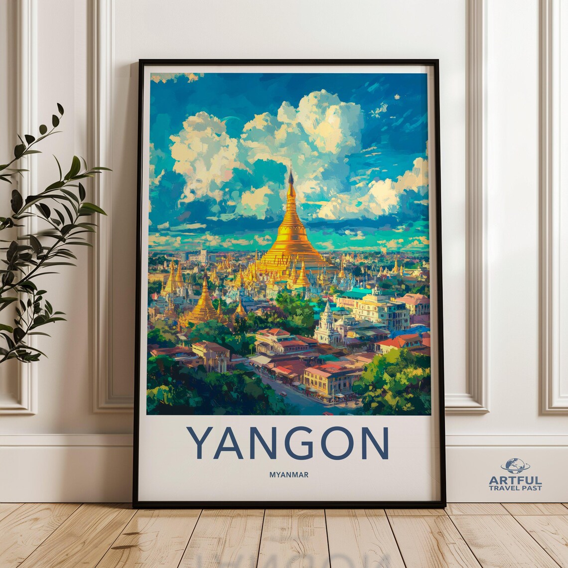 Yangon Shwedagon Pagoda Golden Temple Skyline Travel Retro Poster
