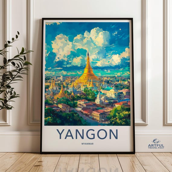 Yangon Myanmar Wall Art Print Golden Stupa City Poster Southeast Asia Decor Colorful Cityscape Artwork Travel Themed Home