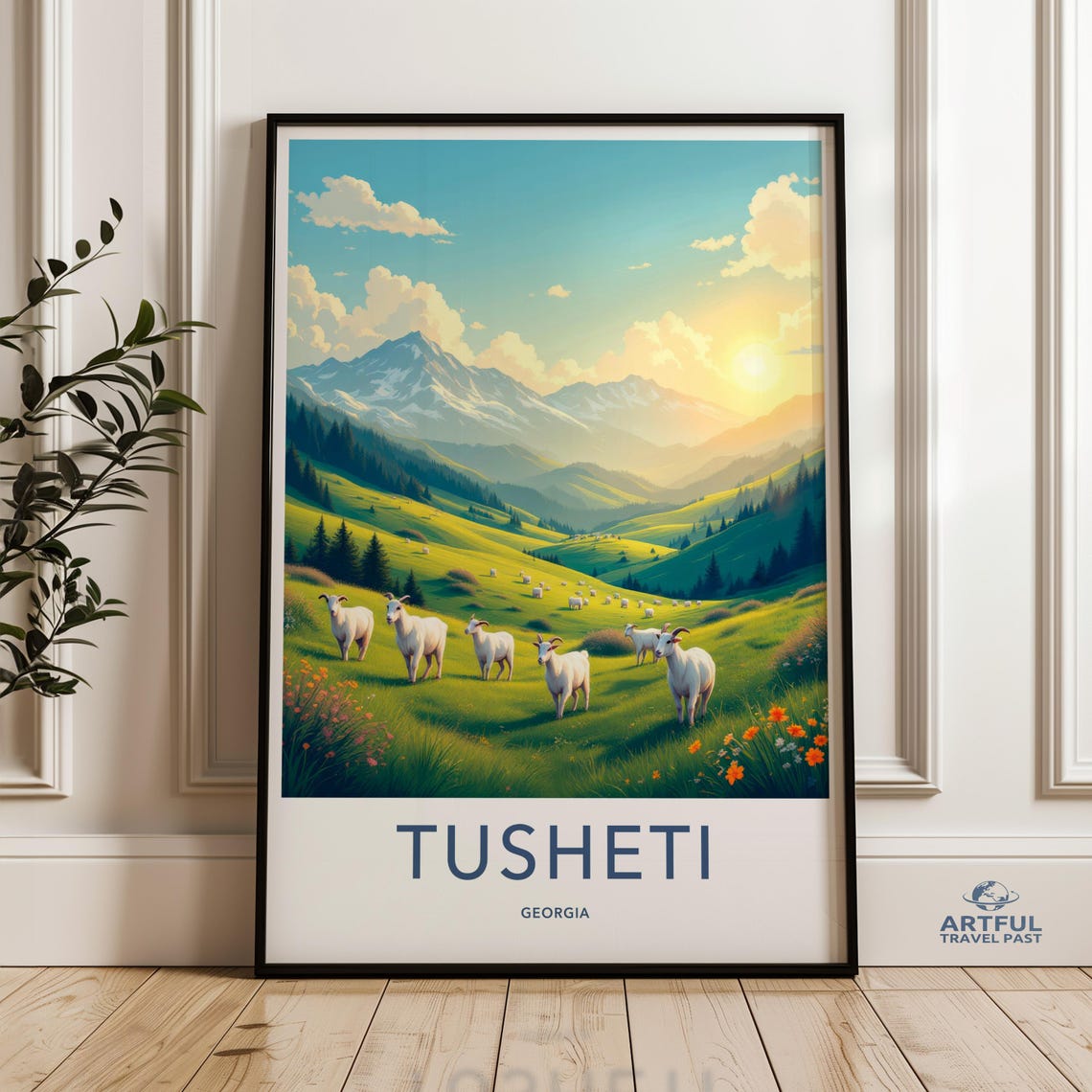 Tusheti Georgia Sunny Alpine Meadow Goats Vintage Travel Poster
