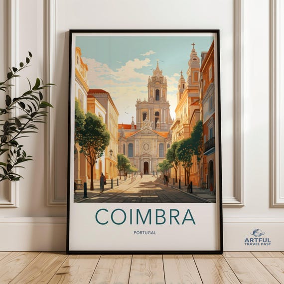 Coimbra Cityscape Print Portugal Travel Poster European Architecture Wall Art Vintage Landscape Illustration Home Decor