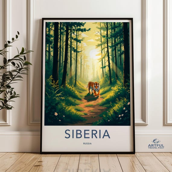 Siberia Russia Wall Art Vintage Travel Poster Tiger Forest Illustration Retro Nature Print Large Decor Artwork