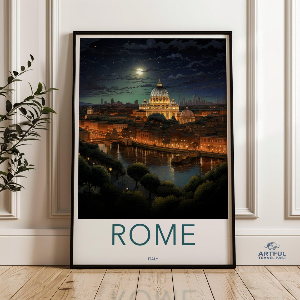 Rome Italy Night St Peters Dome Glowing Vintage Travel Poster