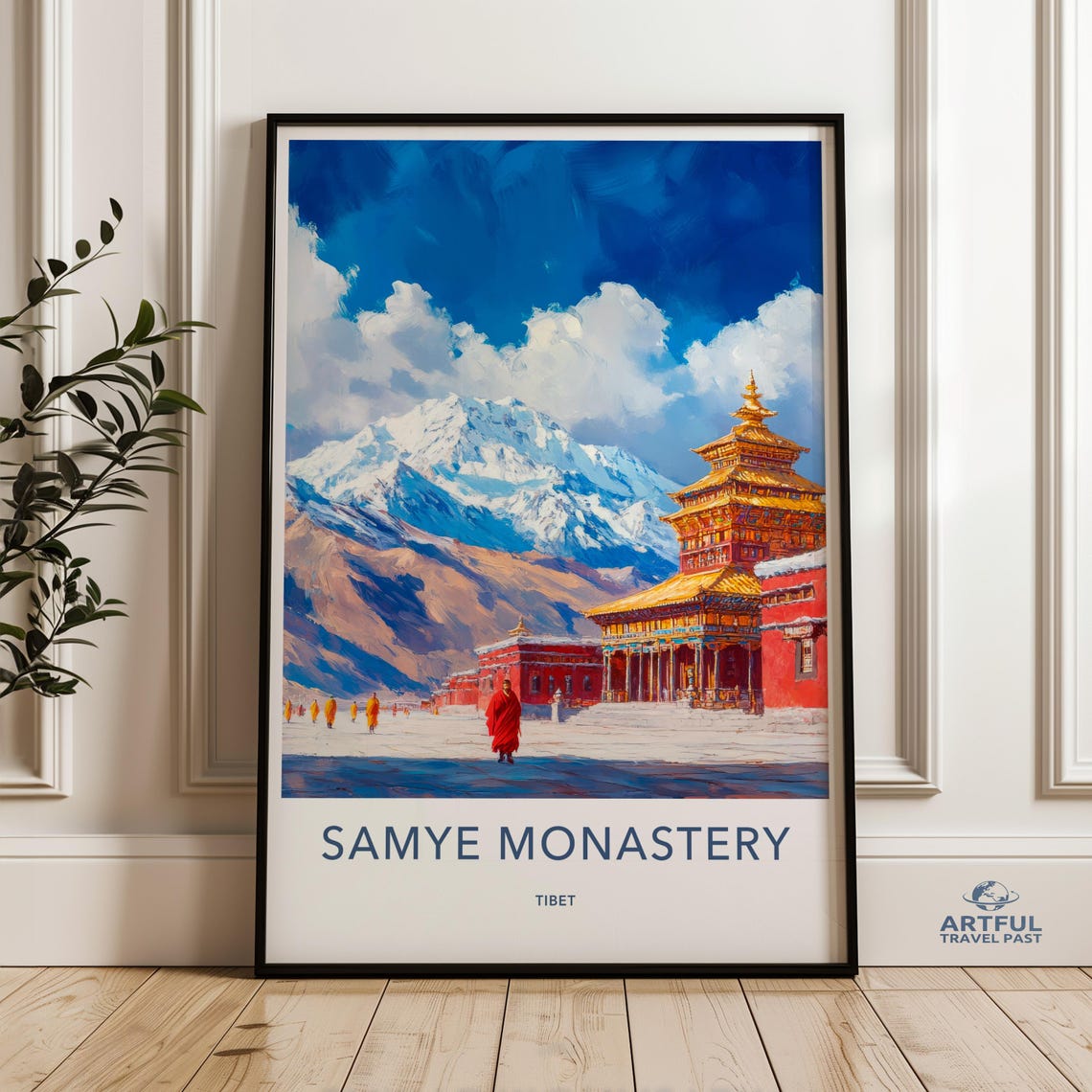 Tibetan Monastery Wall Art Samye Print Himalayan Mountains Decor Buddhist Temple Artwork Colorful Landscape Painting