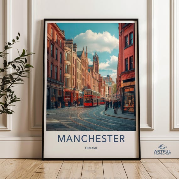 Vintage Manchester Wall Art England Cityscape Print Retro Travel Poster Urban Street Scene Double Decker Bus Home Decor