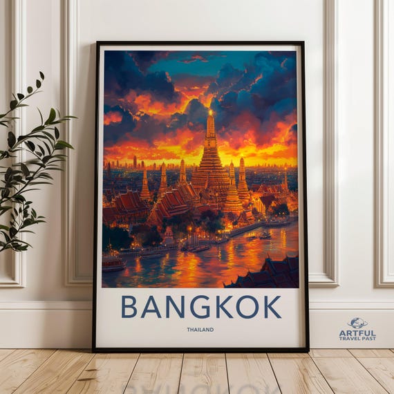 Bangkok Thailand Sunset Cityscape Print Scenic Wat Arun Wall Art Beautiful Skyline At Poster Travel Gift Decor
