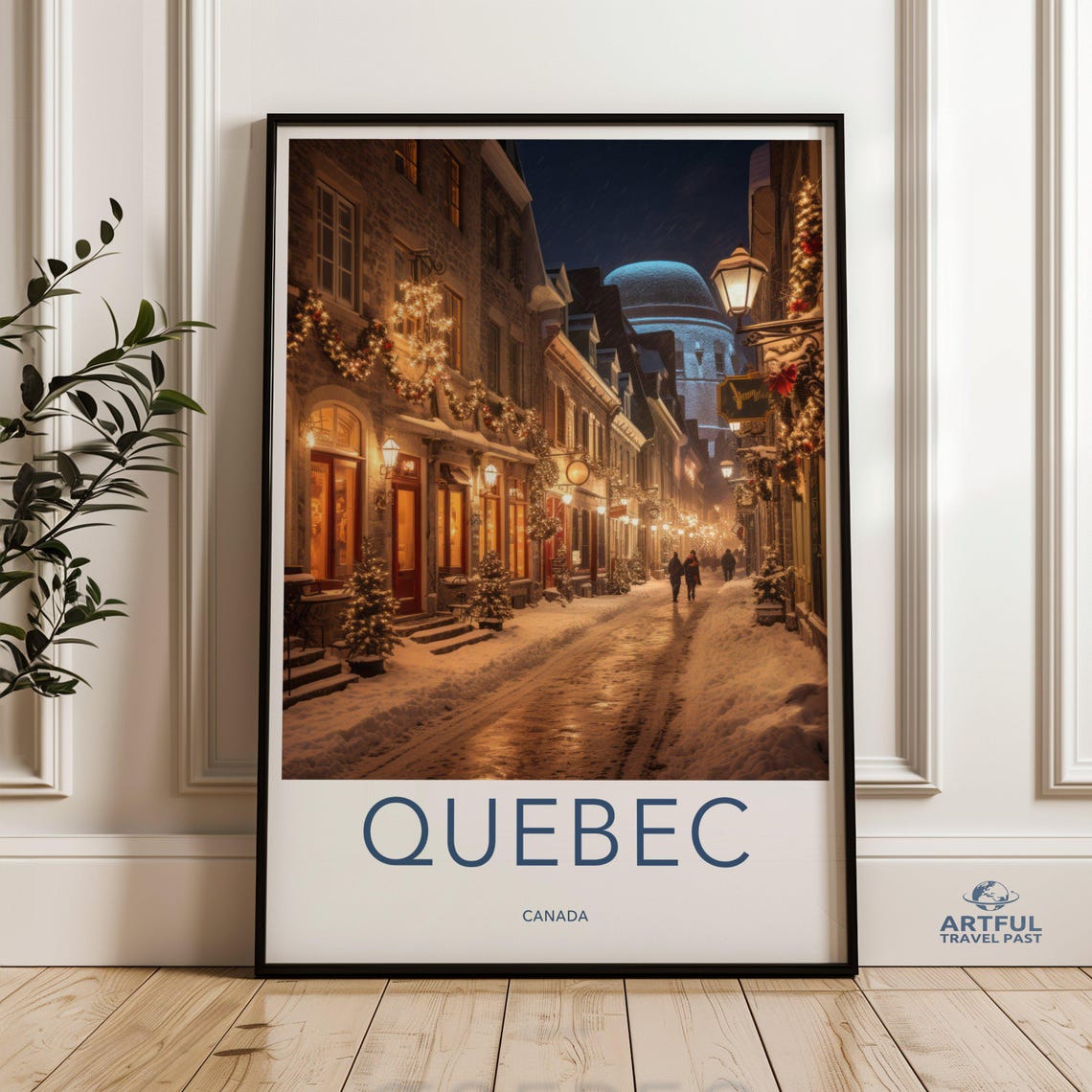 Quebec Canada Snowy Old Street Night Vintage Travel Poster Decor