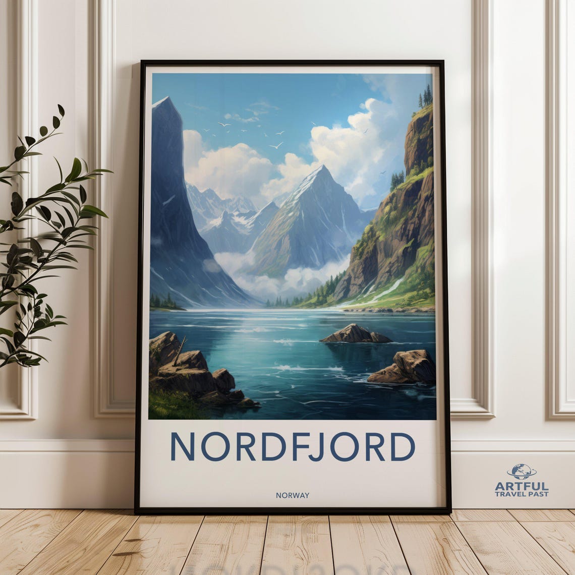 Nordfjord Norway Fjord and Mountain Peaks Over a Serene Lake Poster