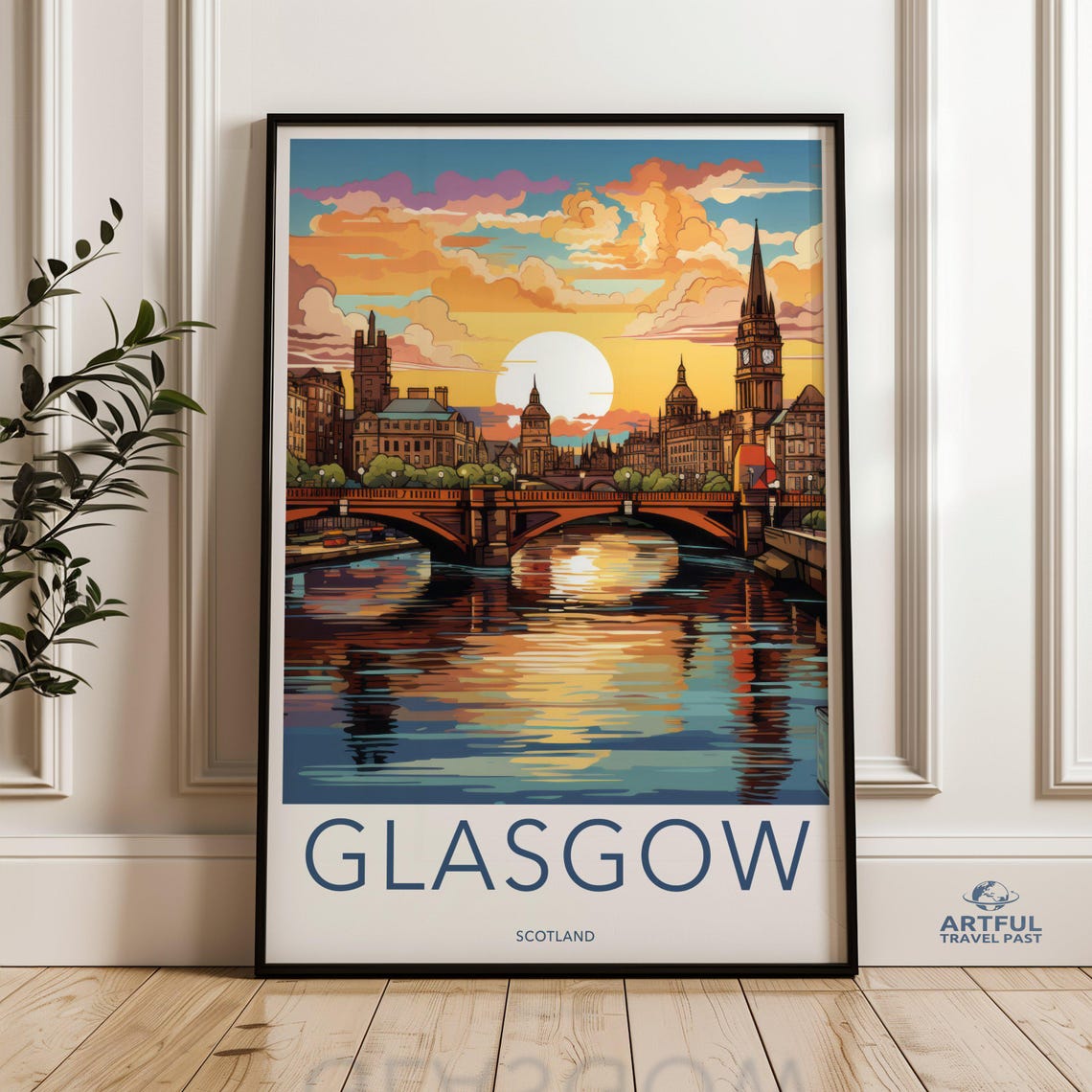 Glasgow Scotland Wall Art Skyline Poster Cityscape Artwork Sunset Over Scenic Dcor Travel Print