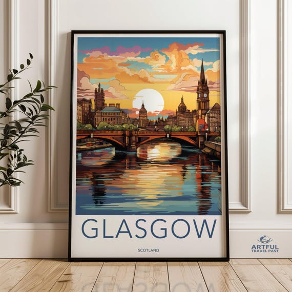 Glasgow Scotland Wall Art Skyline Poster Cityscape Artwork Sunset Over Scenic Dcor Travel Print