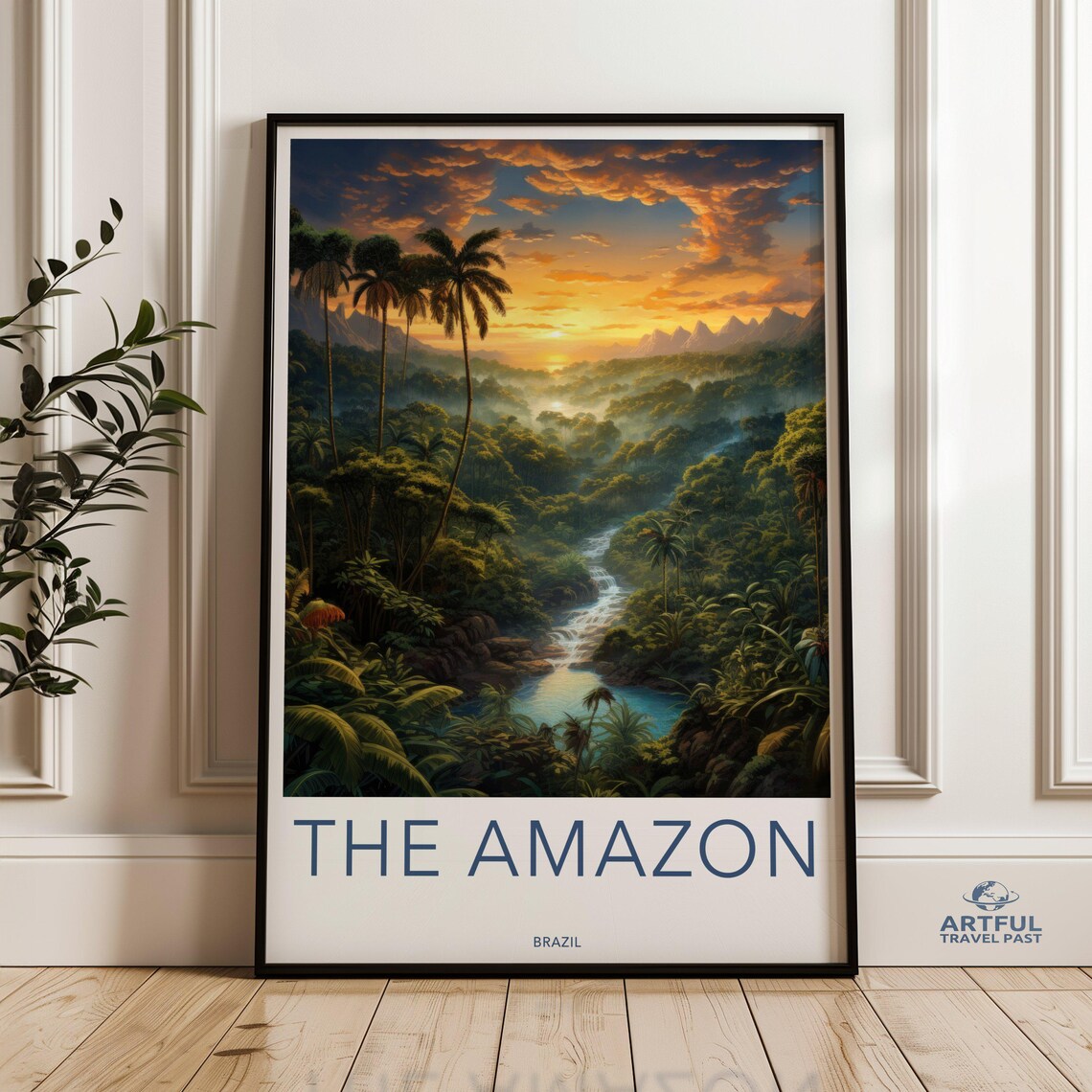 The Amazon Brazil Rainforest Sunrise Misty Jungle Vintage Travel Poster