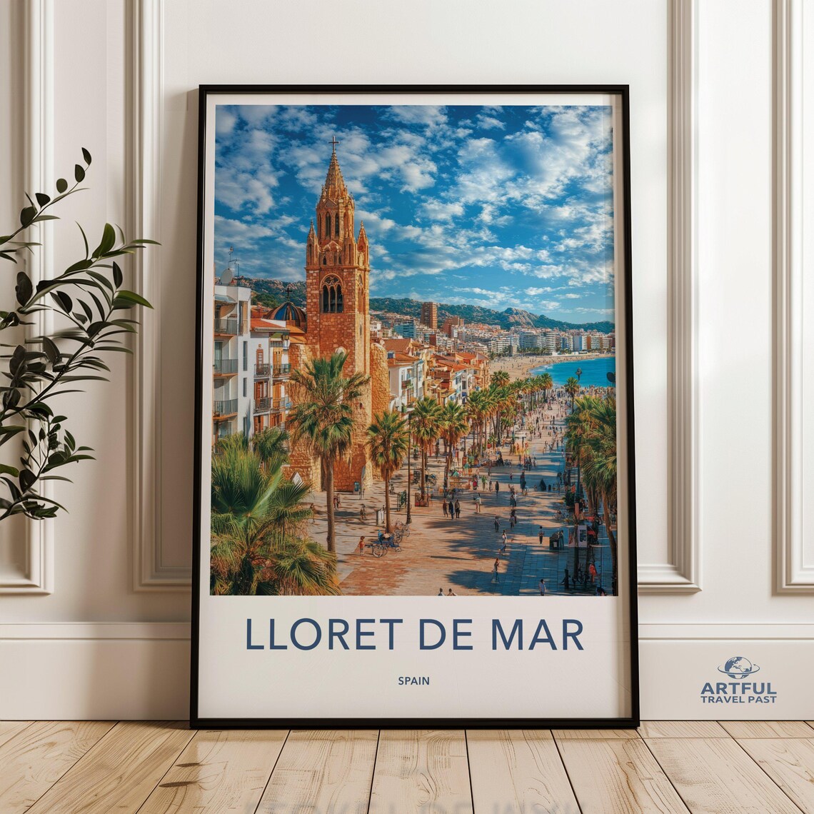 Lloret De Mar Spain Beach Promenade Church Tower Coastal Travel Poster