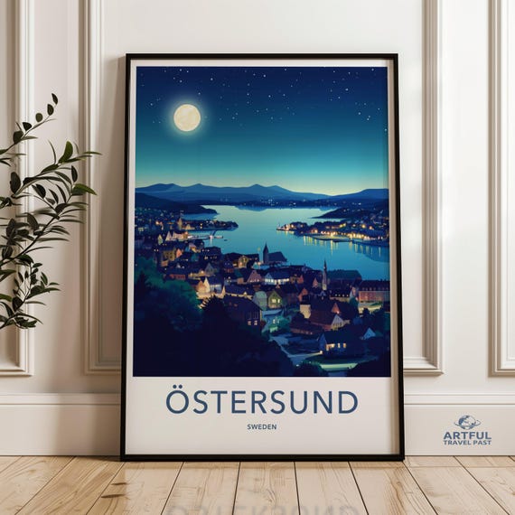 Ostersund Sweden Wall Art Night Cityscape Print Moonlit Town Poster Scandinavian Home Decor Nordic Landscape