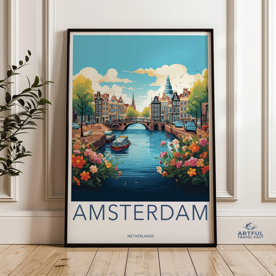 Amsterdam Travel Poster, Dutch Cityscape Illustration