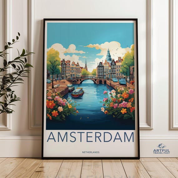 Amsterdam Travel Poster, Dutch Cityscape Illustration