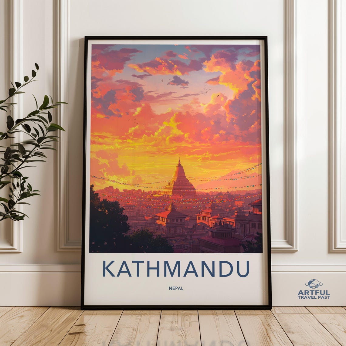 Kathmandu Nepal Sunset Stupa Prayer Flags City Skyline Travel Poster