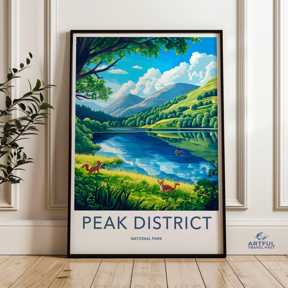 Peak District National Park Lake and Squirrels Travel Poster