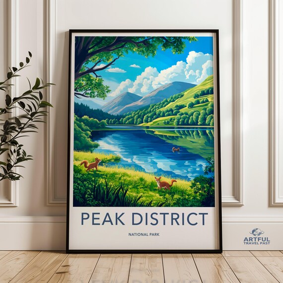Peak District National Park Lake and Squirrels Travel Poster