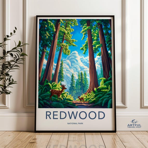 Redwood National Park Poster Scenic Wall Art Print Nature Landscape Decor Deer And Forest Illustration Home Decoration