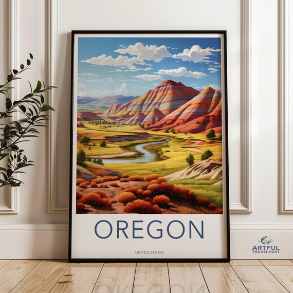 Oregon Painted Hills Red Rock River Vintage Travel Poster Gift