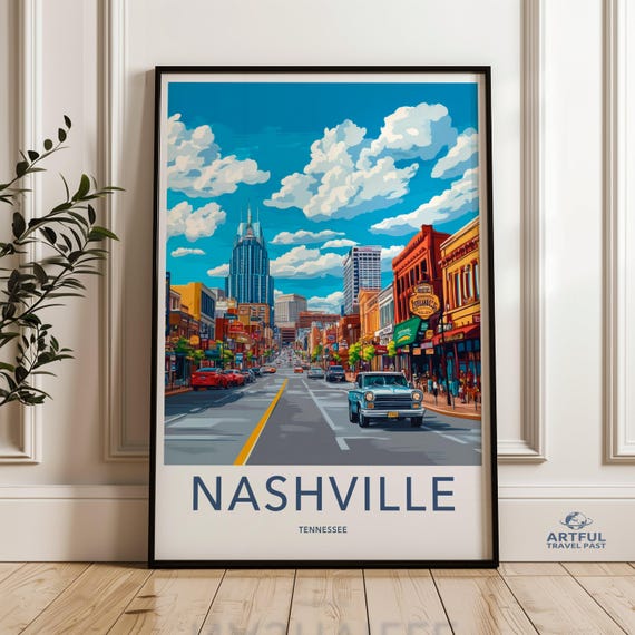 Nashville Wall Art Print Colorful Cityscape Poster Tennessee Downtown Artwork Retro Urban Decor Vintage Car Illustration