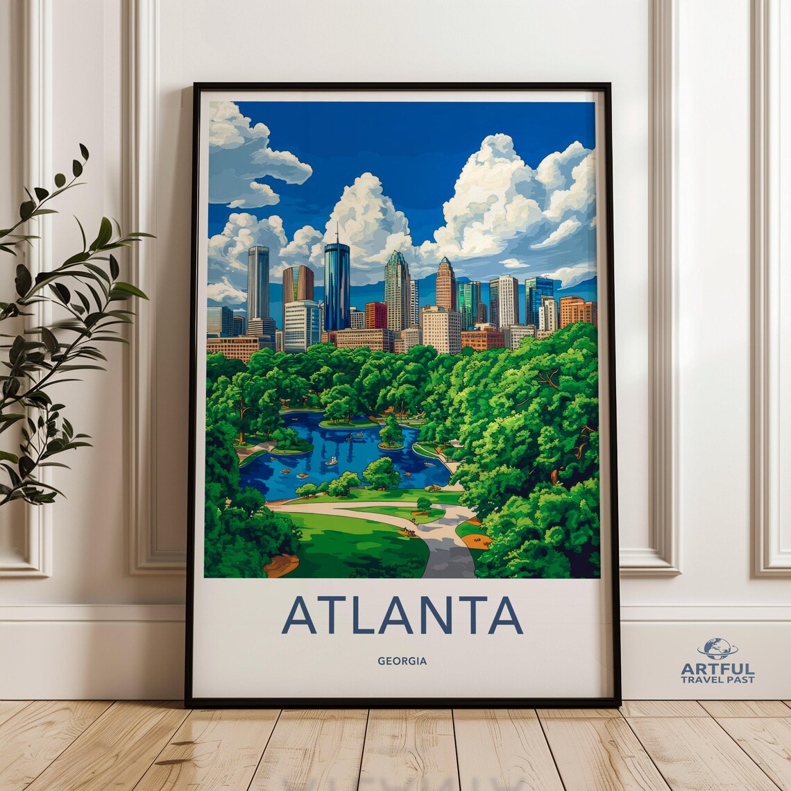 ATLANTA GEORGIA Piedmont Park Lake Skyline Vintage Travel Poster