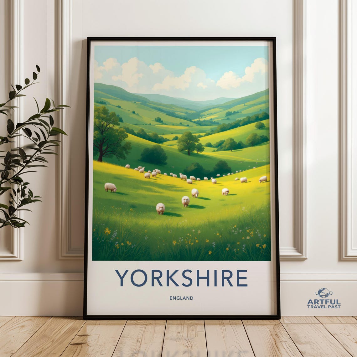 Yorkshire England Green Hills Grazing Sheep Vintage Travel Poster