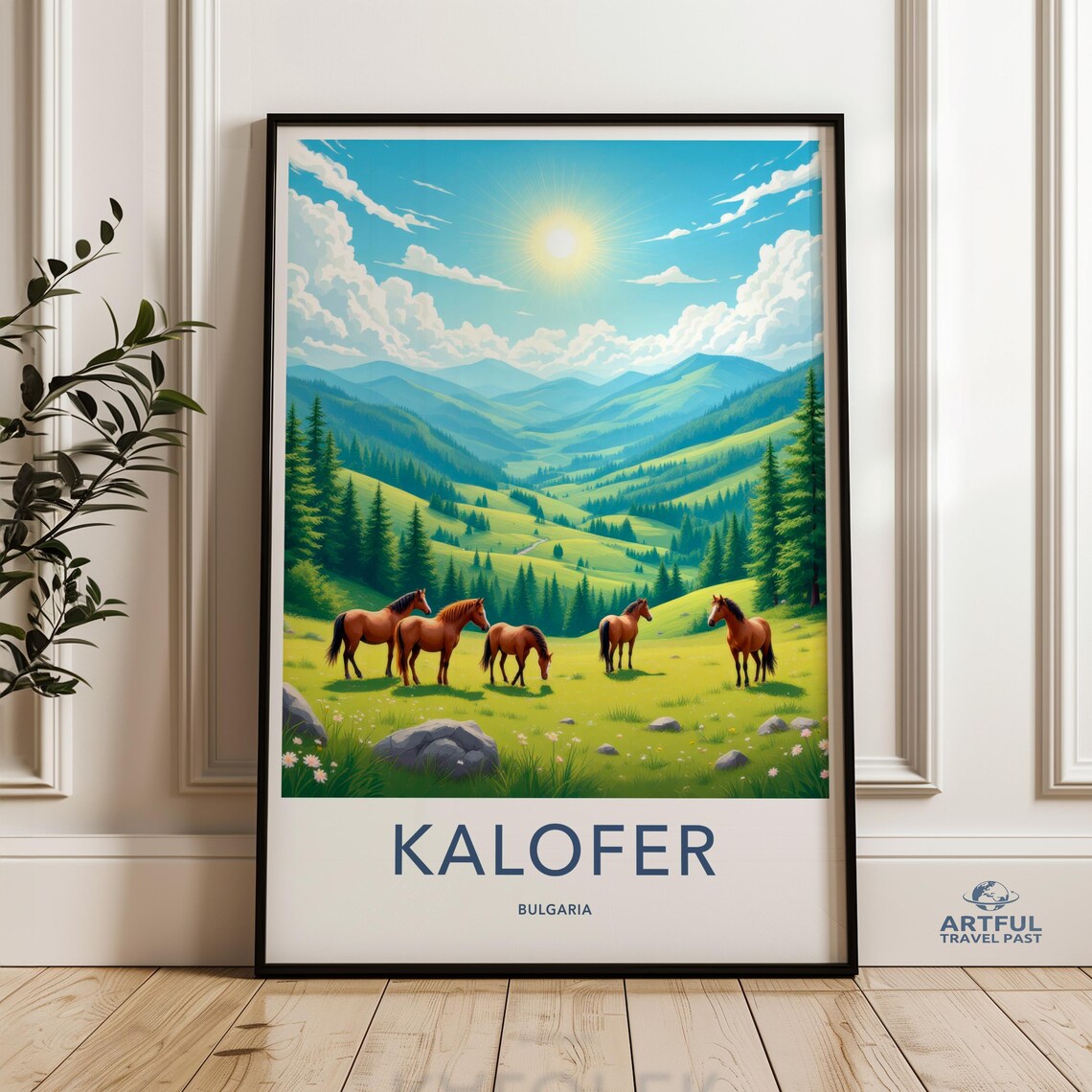 Kalofer Bulgaria Horses Grazing Green Mountain Valley Travel Poster
