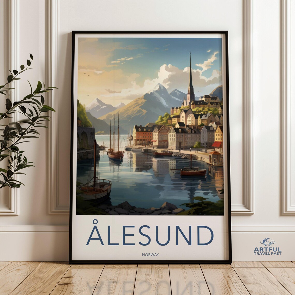Alesund Norway Fjord Harbor Sailboats Church Mountain Town Poster