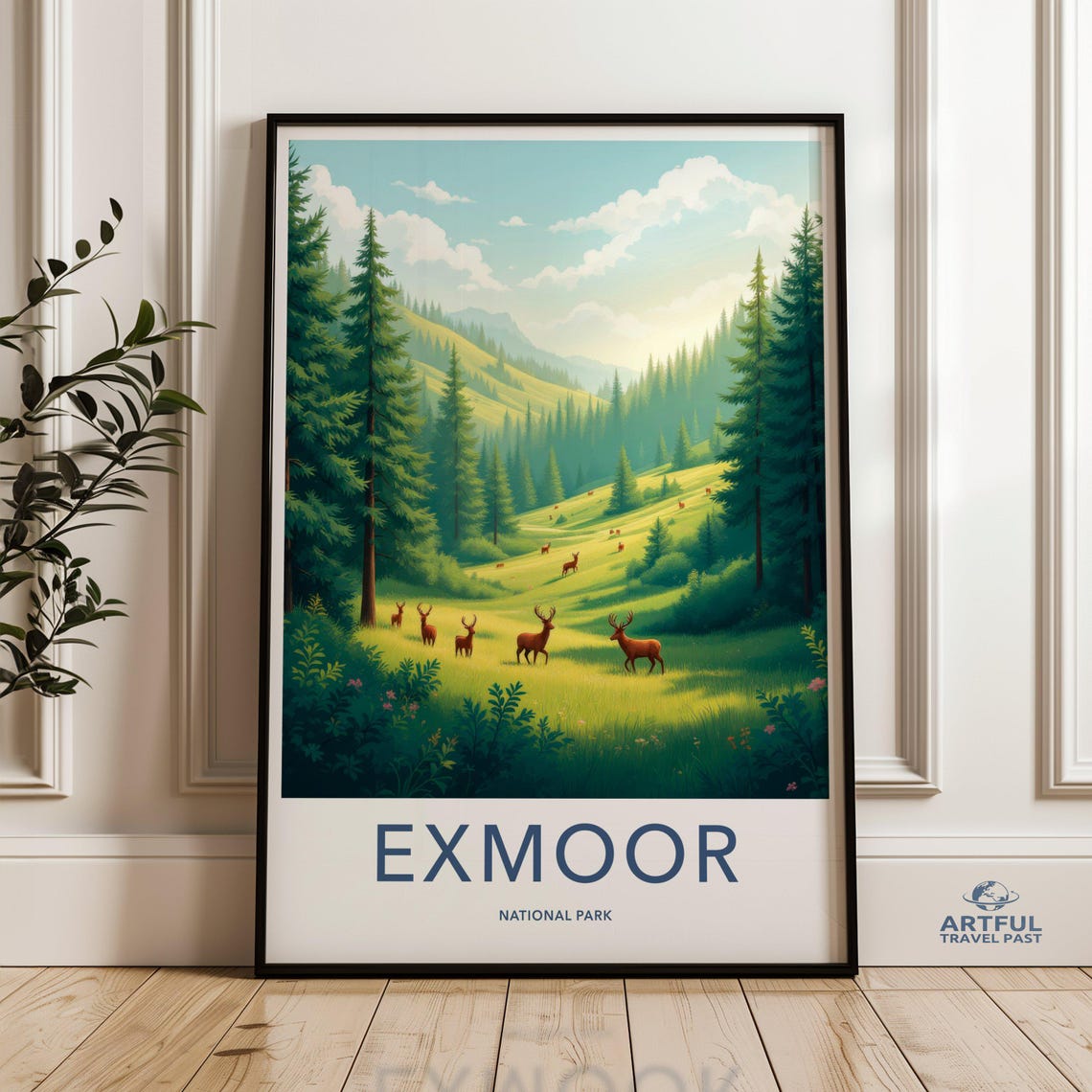 Exmoor National Park England Deer Forest Poster Green Valley Pines
