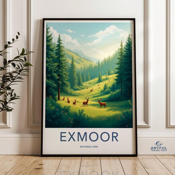 Exmoor National Park England Deer Forest Poster Green Valley Pines