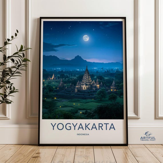 Yogyakarta Indonesia Wall Art Night Sky Moon Over Temple Print Southeast Asia Travel Decor Mystical Landscape Photography