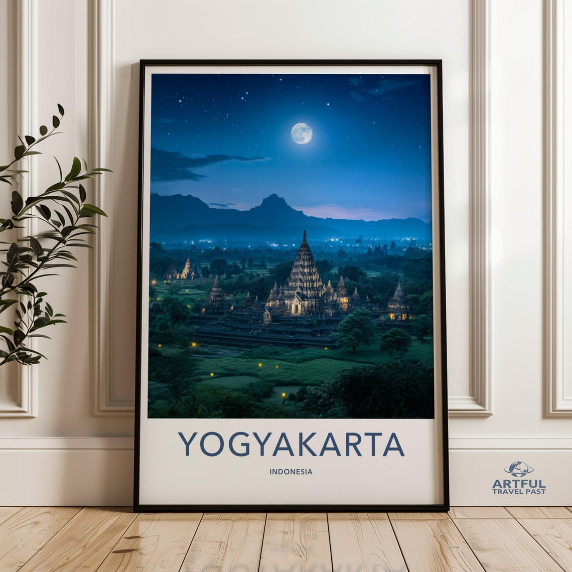Yogyakarta Indonesia Moonlit Temple Night Sky Vintage Travel Poster