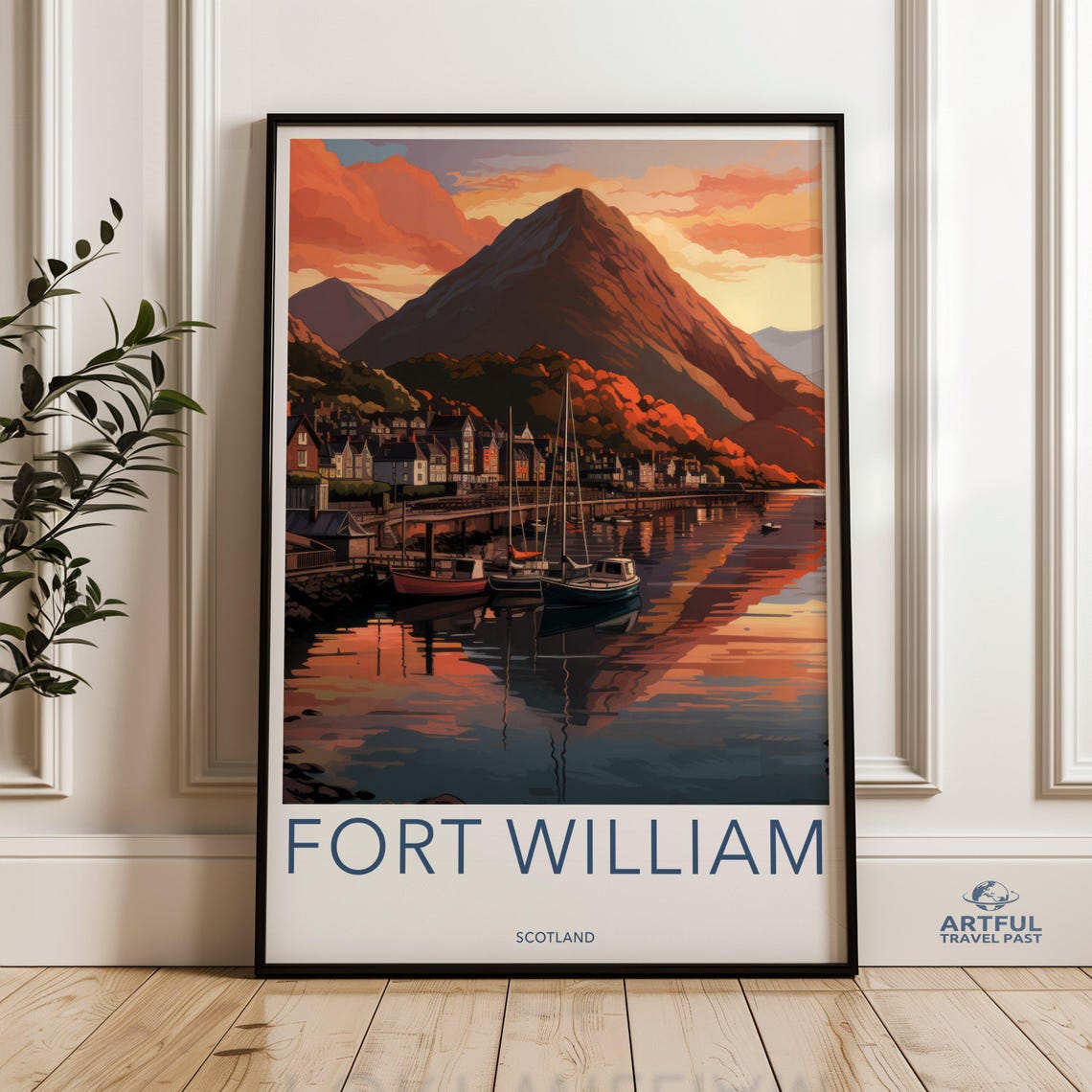 Fort William Scotland Sunset Harbor Travel Poster Mountain View
