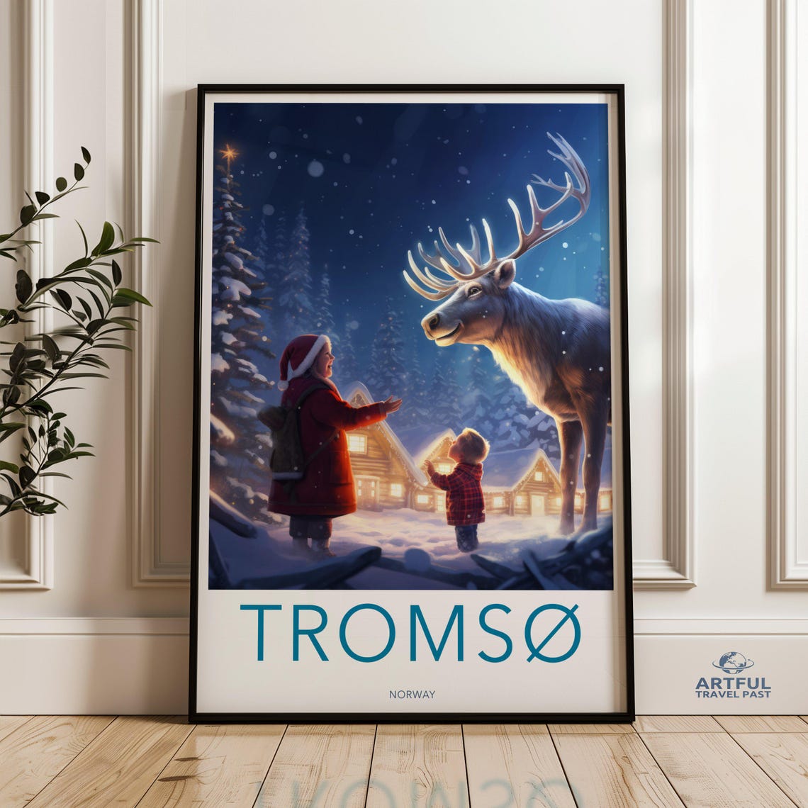 Tromso Norway Winter Christmas Travel Poster Reindeer Snowy Village