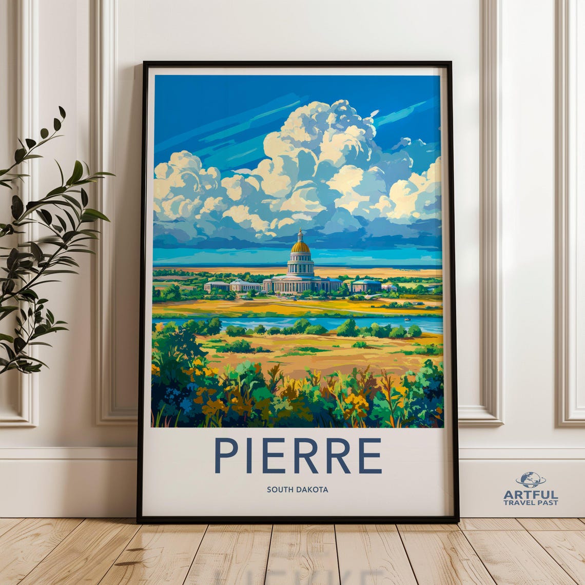 Pierre South Dakota Golden Dome Capitol Prairie Sunset Travel Poster