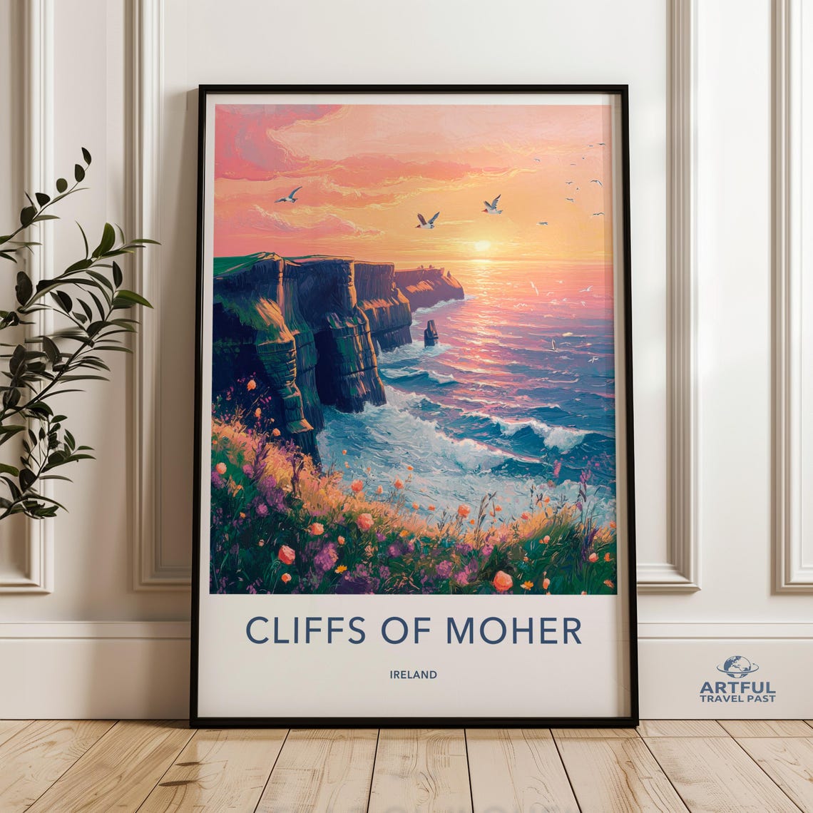 Cliffs of Moher Ireland Sunset Ocean Wildflowers Travel Poster