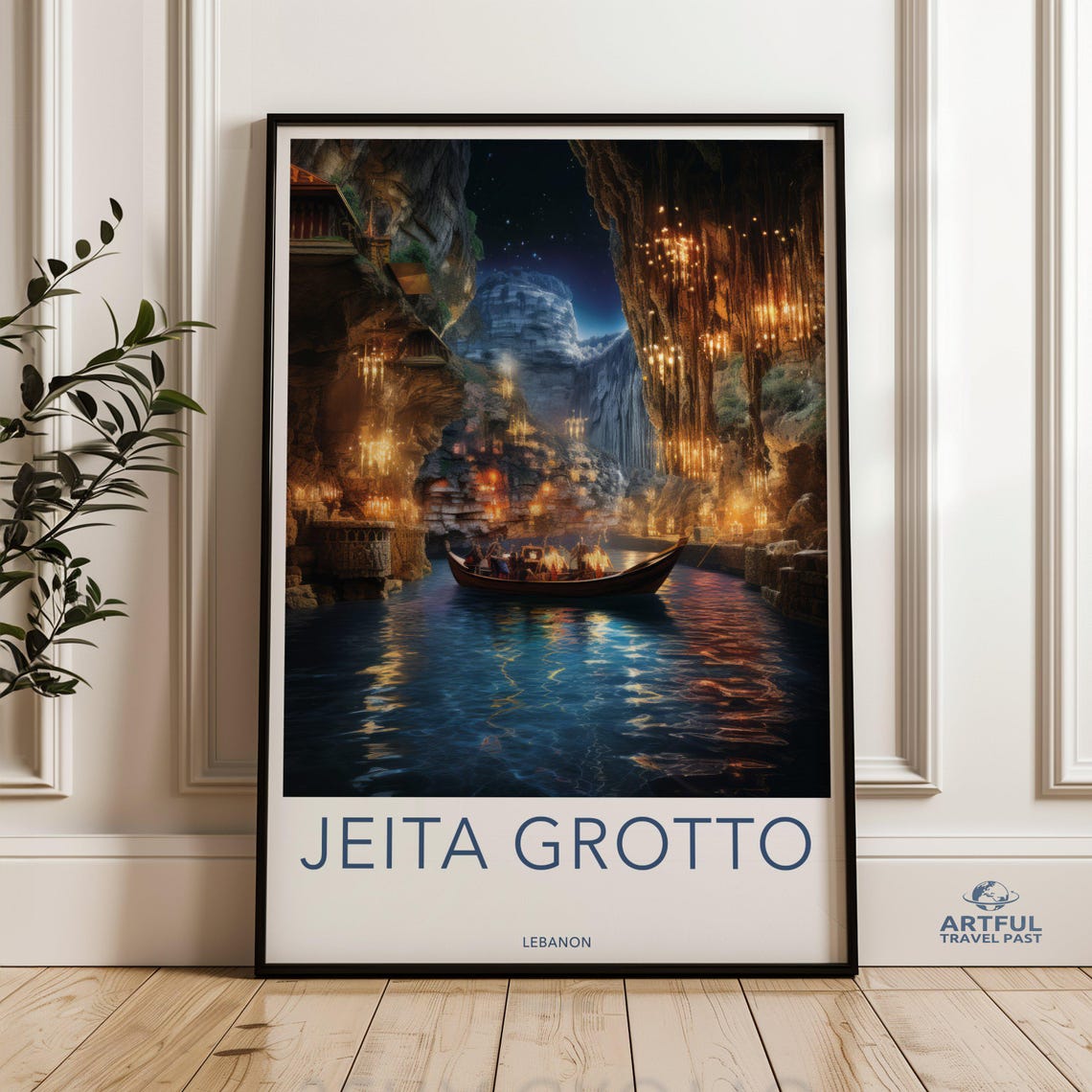 Jeita Grotto Lebanon Cave Boat Night Illuminated Travel Poster