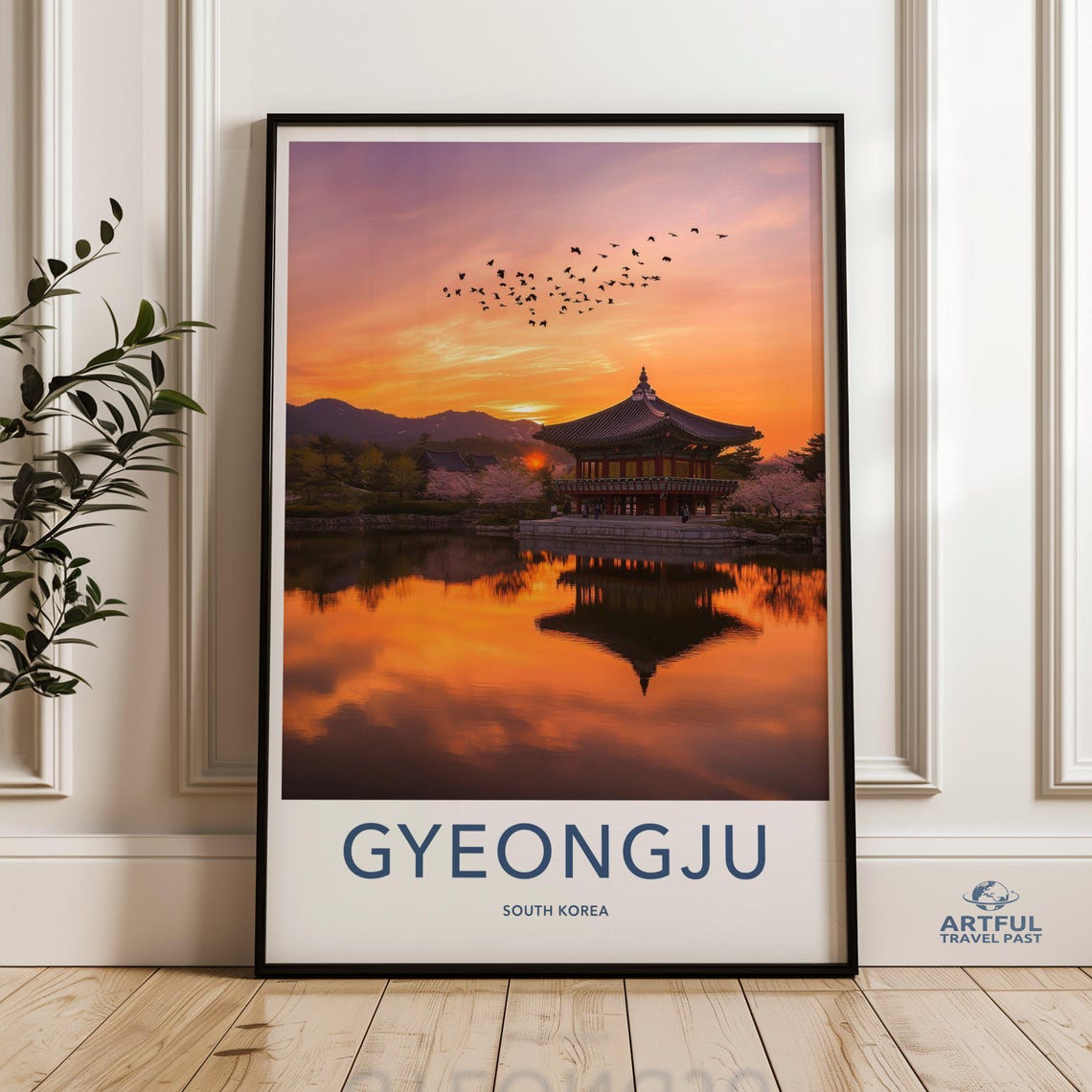 Gyeongju South Korea Sunset Pavilion Pond Reflection Travel Poster