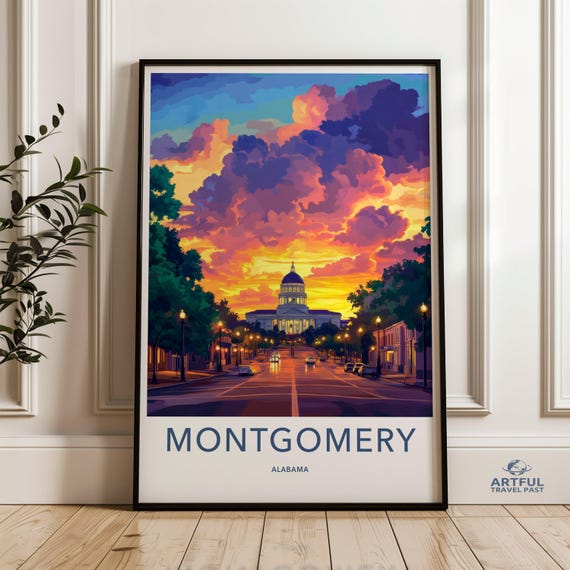Montgomery Alabama Wall Art Sunset Cityscape Print Capitol Building Colorful Downtown Scene Home Decor Gift For Locals