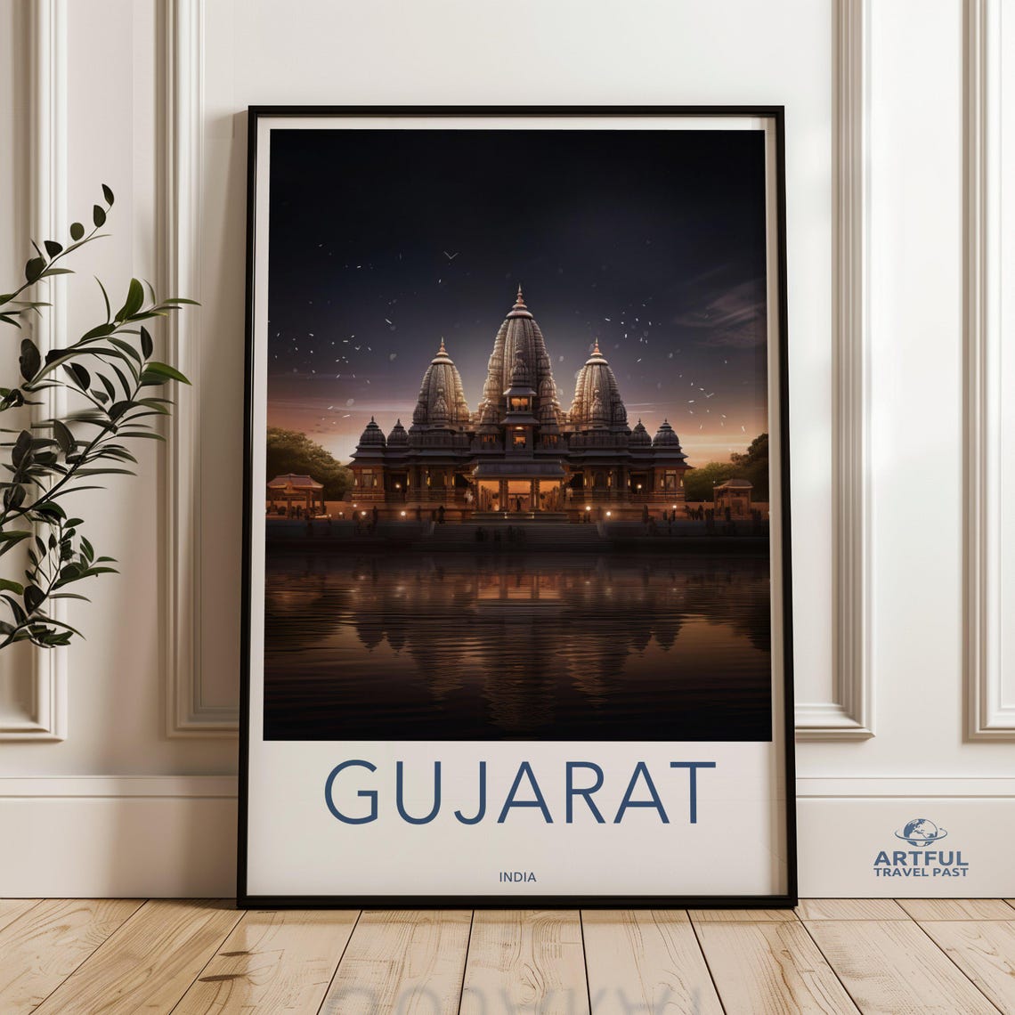 Gujarat India Temple Night Reflection Retro Travel Art Poster