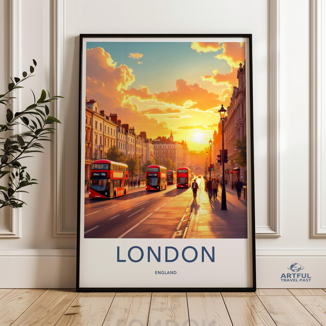 London England Red Double Decker Buses Sunset Street Travel Poster