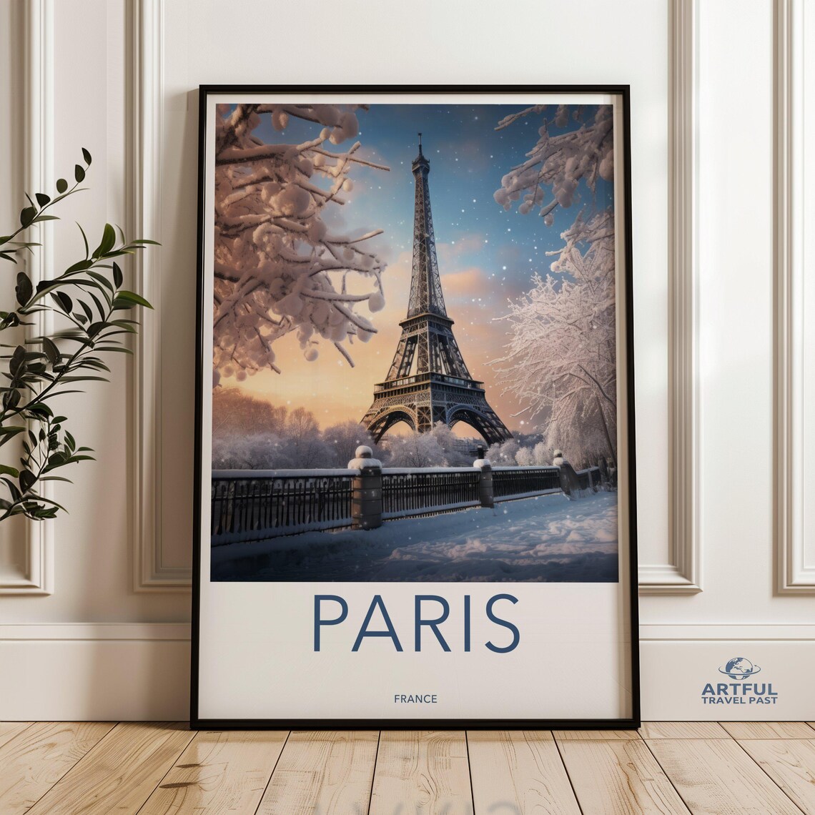 Eiffel Tower Winter Snowfall Paris France Vintage Travel Poster