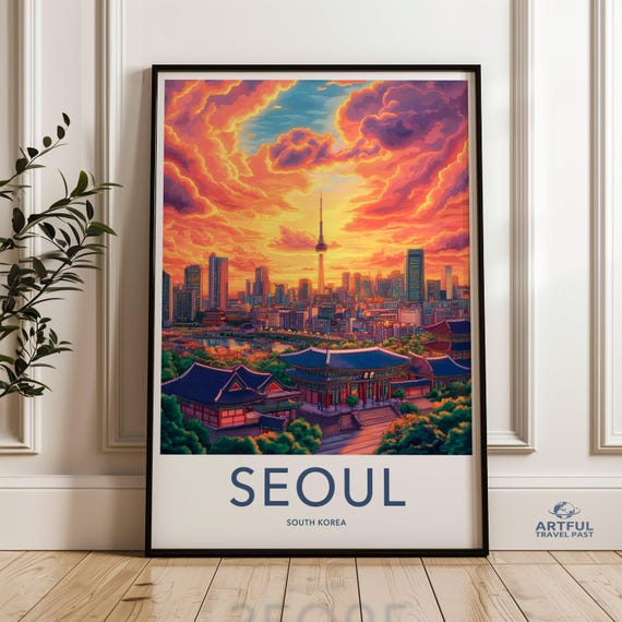 Vibrant Seoul South Korea Wall Art Cityscape Poster Skyline Print Colorful Sunset Decor Urban Landscape Artwork Travel
