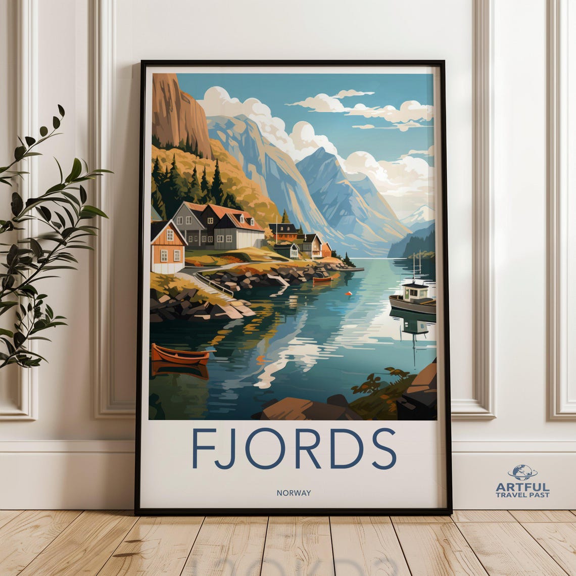Fjords Norway Vintage Travel Poster Dramatic Mountain Village Scene