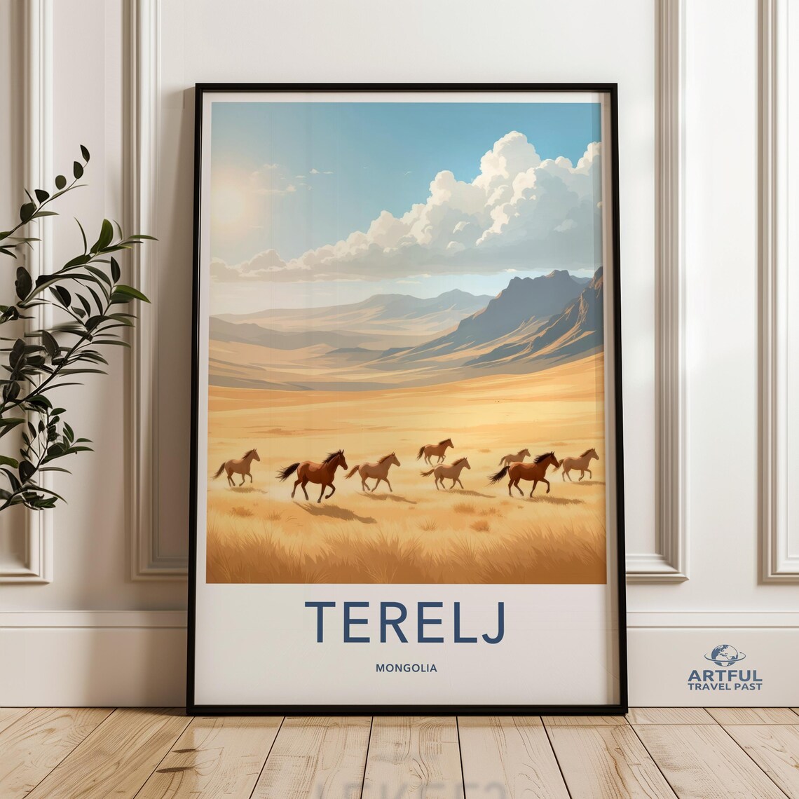 Terelj Mongolia Travel Poster Wild Horses On Golden Steppe Sunset Landscape