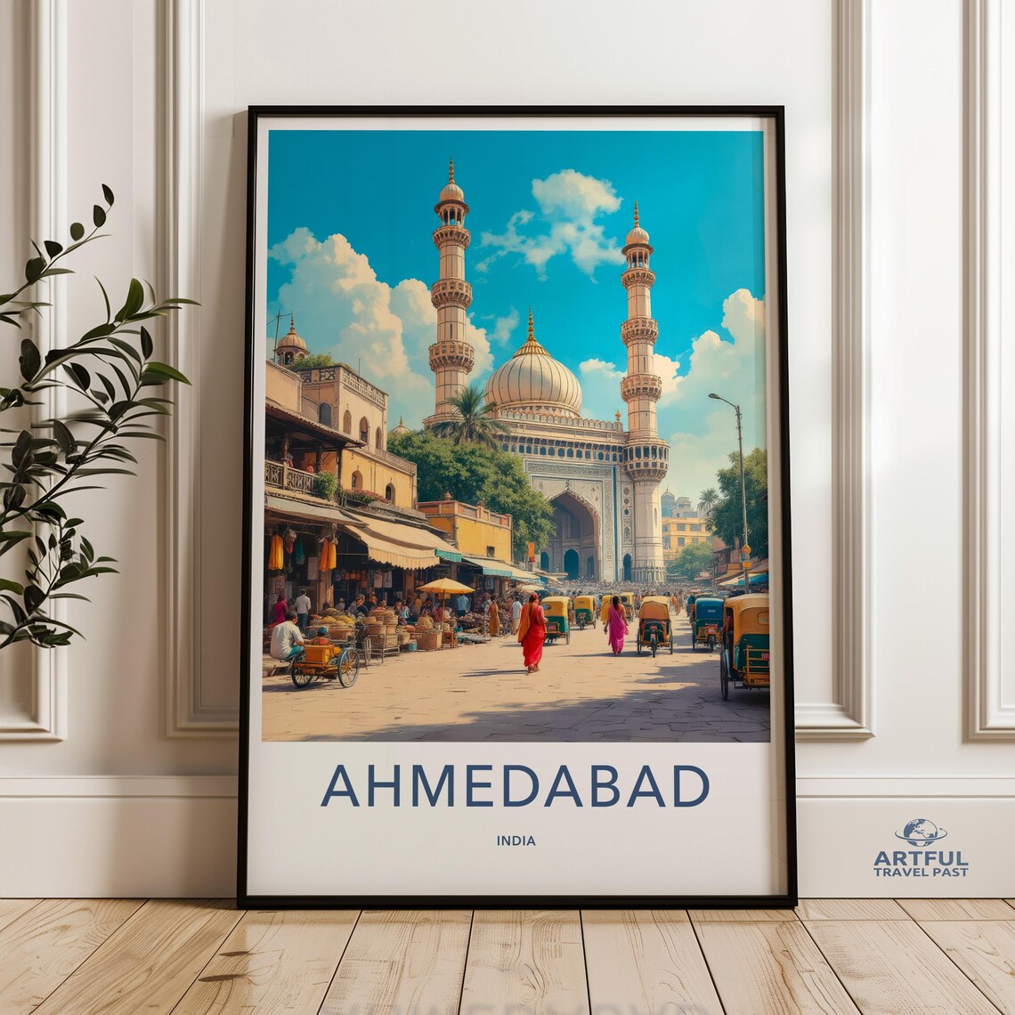 Ahmedabad India Mosque Market Street Vintage Retro Travel Poster