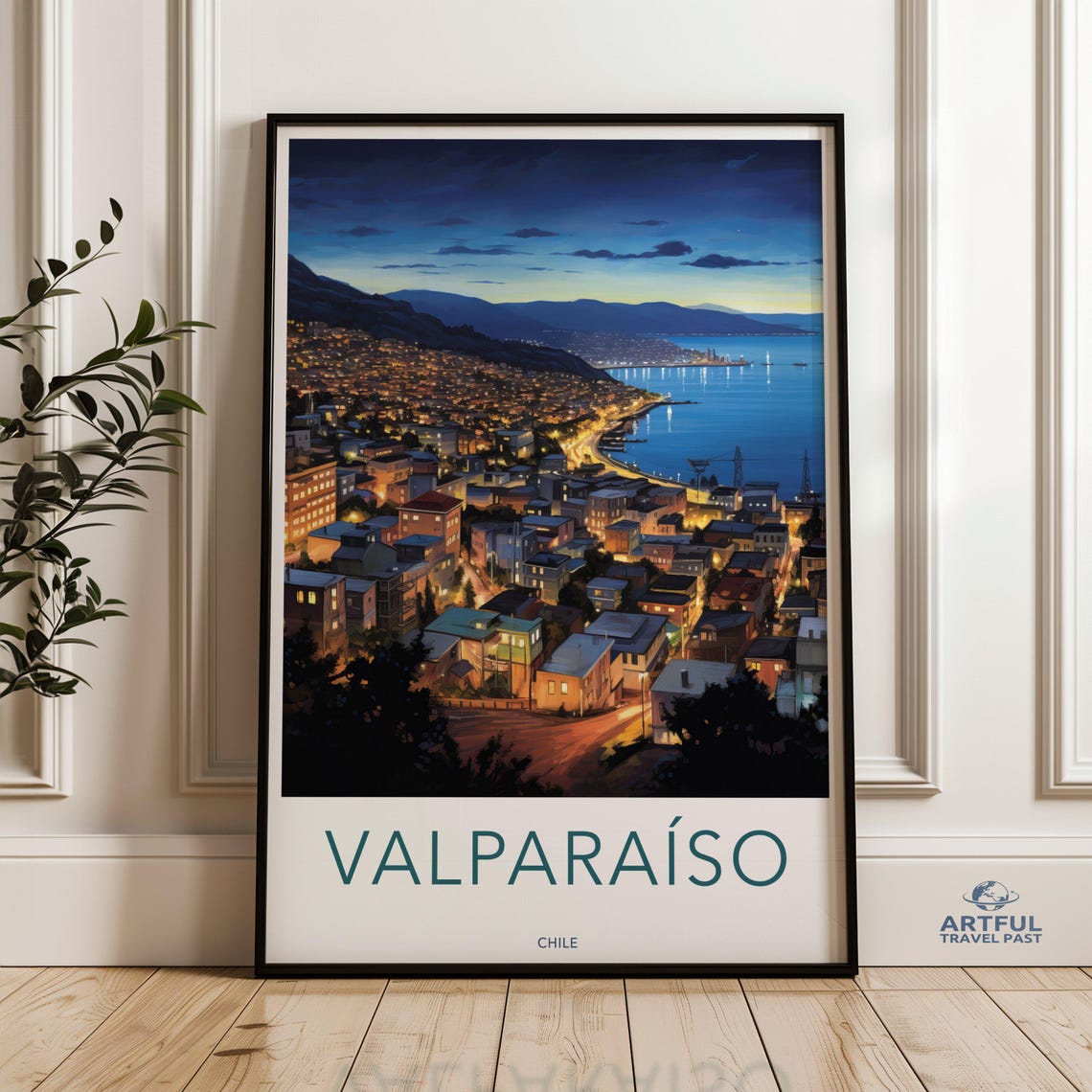 Valparaiso Chile Hillside Lights Above Night Bay Harbor Travel Poster