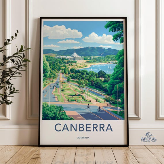 Canberra Australia Wall Art Travel Poster Cityscape Print Architecture Landmark Lake Decor Cyclists Roadside Vacation Souvenir